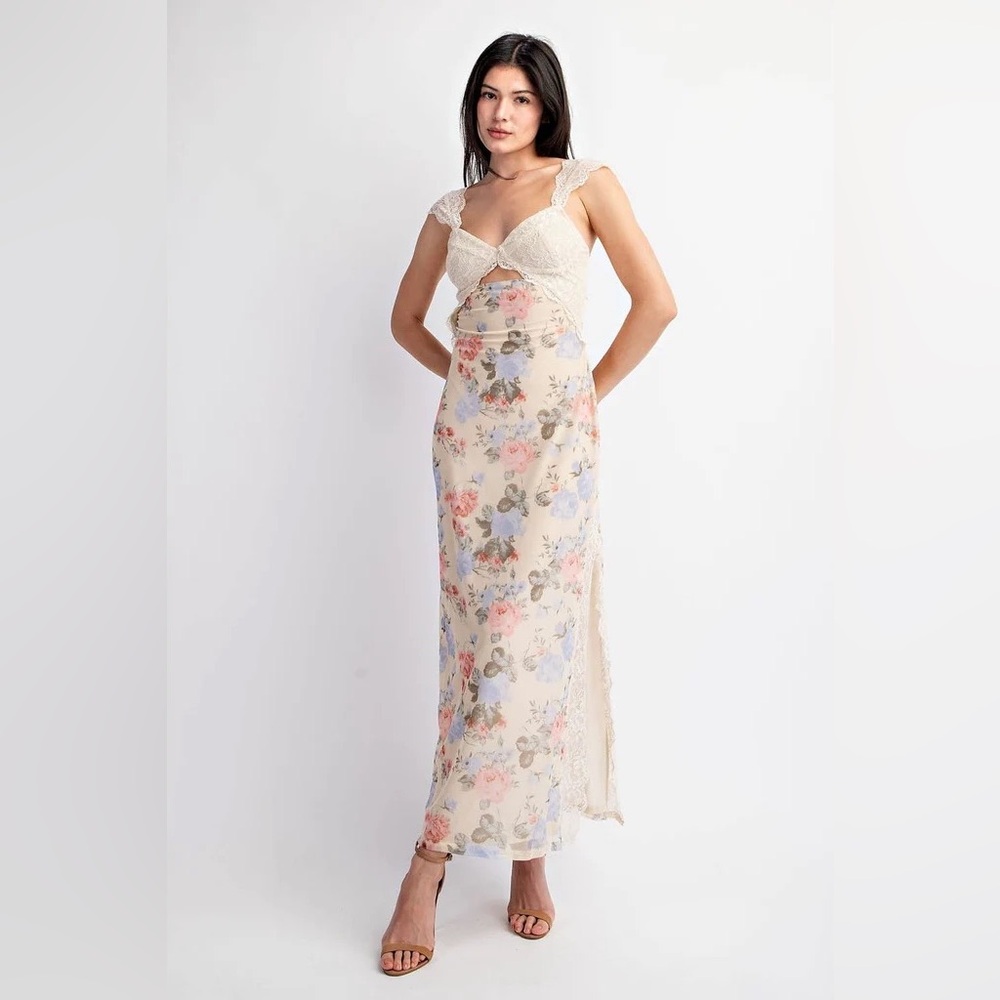 Butter Yellow and Pink Elegant Floral Lace Dress